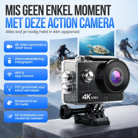 Caméra d'action Strex 4K 30 MP - Étanche jusqu'à 30 mètres, stabilisation EIS et application Wi-Fi - Caméra sous-marine étanche à 60 images par seconde - Caméra corporelle - Caméra d'action