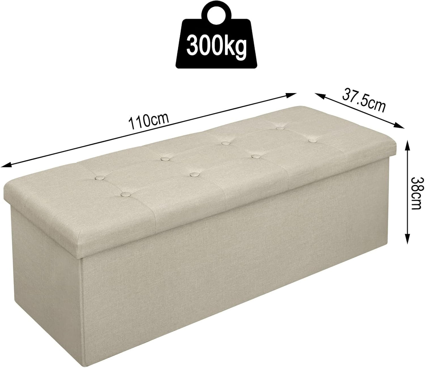 Banc de rangement pliable Woltu avec espace de rangement - 118 litres - 110 x 37,5 x 38 cm - Lin blanc crème - Capacité de charge maximale : 300 kg