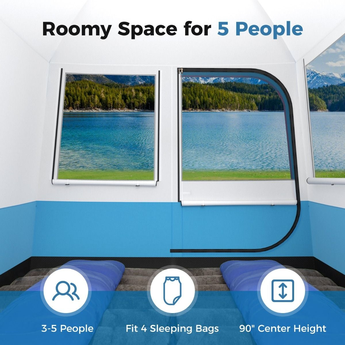 Tente de camping Coast pour 5 personnes - Grande porte en filet et tapis de sol - Imperméable - 248 x 248 x 230 cm - Bleu/Blanc