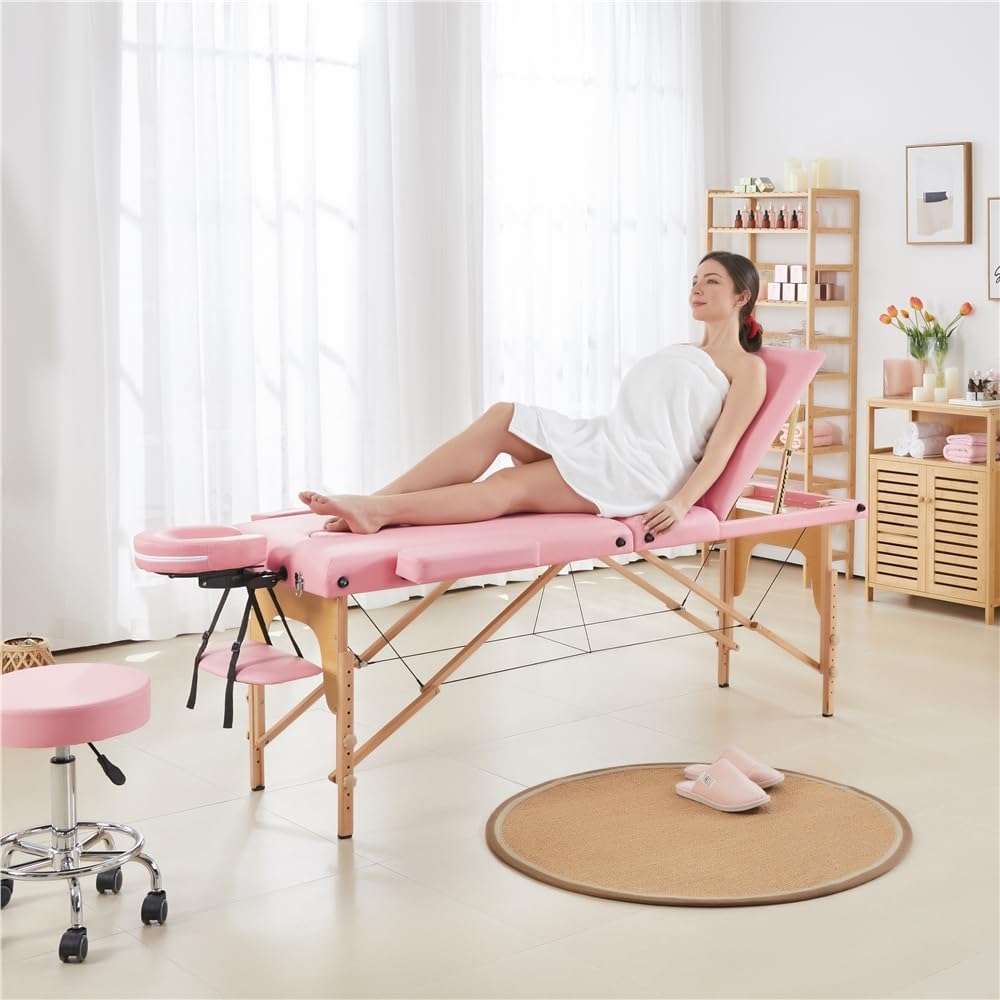 Table de massage Yaheetech à 3 zones - Pliable - 213 × 80 cm - Rose clair