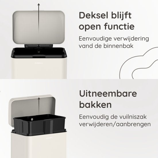 Deleca Poubelle Prestige - 50 Litres - Large - Acier inoxydable Poubelle / Corbeille à papier / Poubelle à pédale - Avec pédale et fermeture lente - Blanc crème