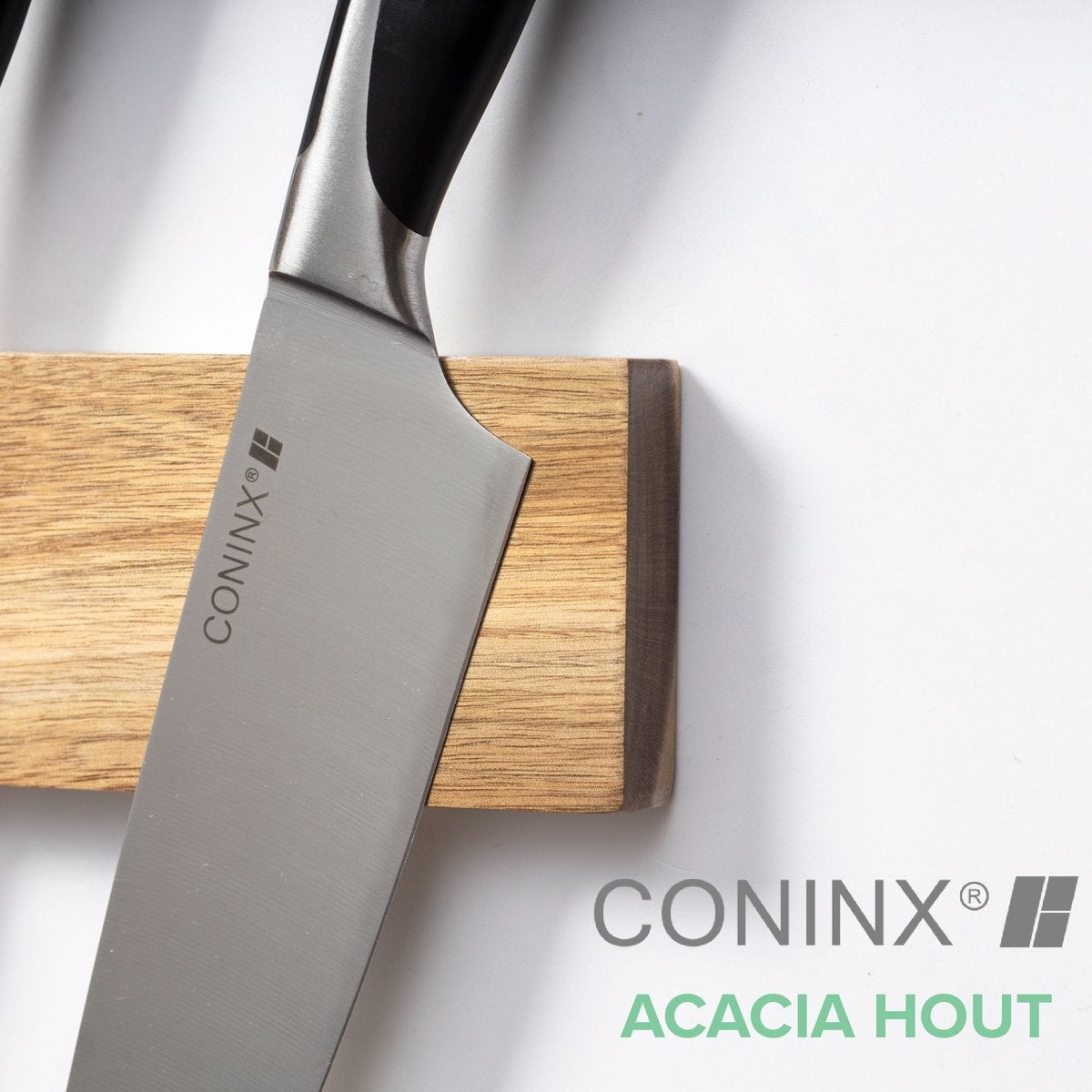 Grand Aimant à Couteaux 40CM - Porte-Couteaux Magnétique en Bois - Fixation par Vis - Bloc à Couteaux Magnétique en Acacia de Coninx - pour 6 à 9 Couteaux de Cuisine