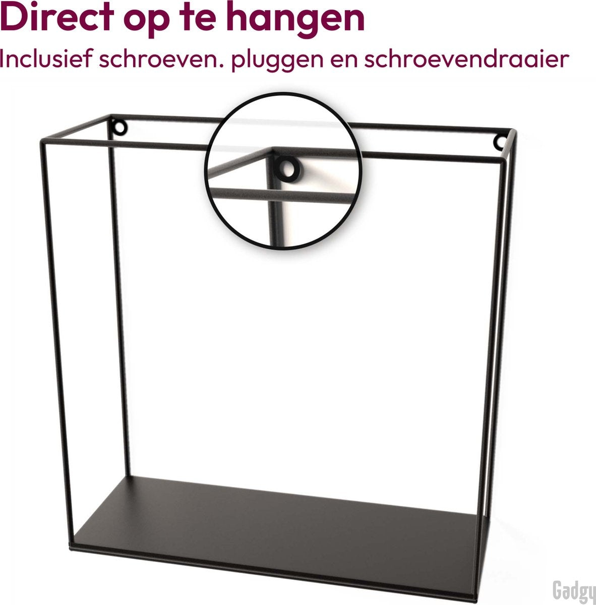 Gadgy Wandrekken Industrieel - Set van 3 - Vierkant Wandrek Zwart - Wanddecoratie Woonkamer - Muurdecoratie Metaal - Wandplank zwevend voor Slaapkamer - 32, 27 en 22 cm