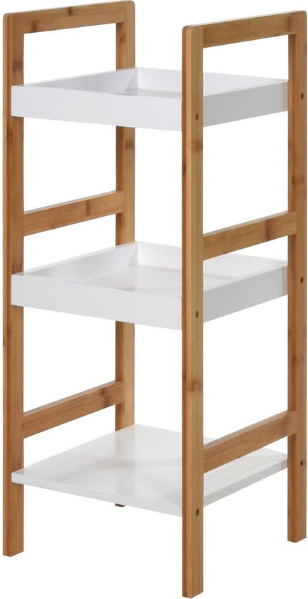 Petite commode d'appoint en bambou / étagère de salle de bains blanche/marron avec 3 étagères 30 x 30 x 72 cm - Commodes d'appoint