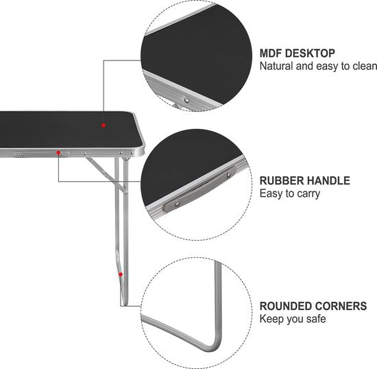 Table pliante - Bureau portable - Support compact - Surface pliante - Poste de travail de voyage - Tableau léger - Plateau facile à installer - Noir - 70x60x50 cm