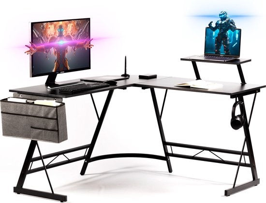 Gadgy Game Desk Carbon PRO - Gaming Corner Desk 130 CM Wide - Gaming Desk with Carbon Details - Gaming Desk L-Shape with Headphone Holder, Screen Raise & Storage Basket - Level Up with Gadgy - Black Carbon