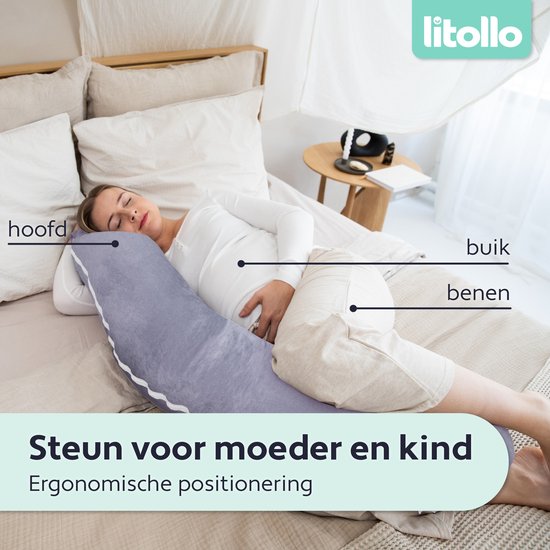 Oreiller de grossesse Litollo® XL - Oreiller d'allaitement - Oreiller de corps - Body pillow - 140 cm - Housse amovible - Gris - Polaire