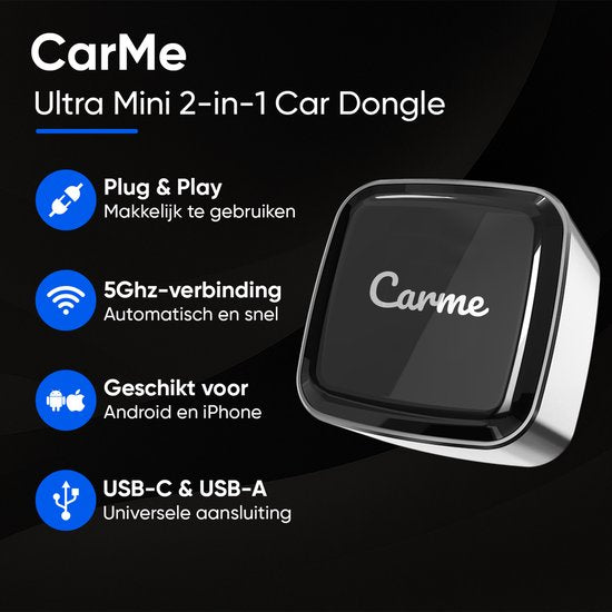 CarMe Ultra Mini 2-in-1 CarPlay Dongle - Wireless CarPlay & Android Auto - USB-A & USB-C - Android Auto Dongle - Silver