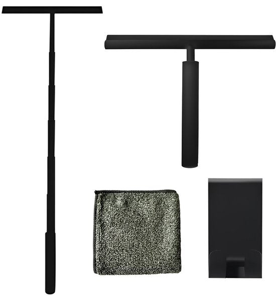 TTD® Essuyeur de douche 2-en-1 avec long manche extensible - 97 cm - Lame d'essuyage en silicone - Ergonomique - Avec chiffon en microfibre et crochet de suspension - Essuyeur de douche - Essuyeur de sol de salle de bains - Raclette de sol - Noir