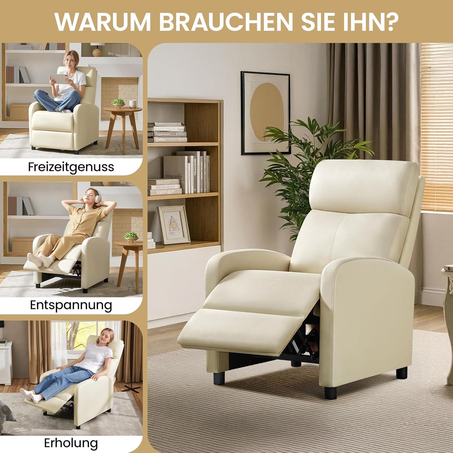 Fauteuil de détente Yaheetech XL - Fauteuil inclinable avec repose-pieds - Simili cuir beige - 87 x 61,5 x 99 cm