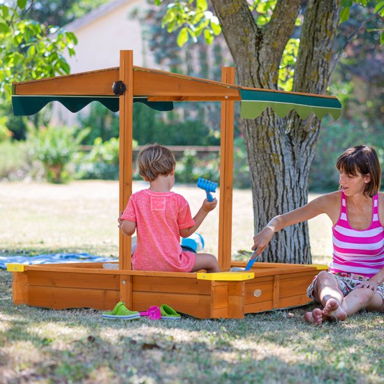Bac à sable en bois AXI Lily avec toit réglable, couleur marron/vert - Avec bancs, bâche de sol et housse de protection - Bois certifié FSC - 118 x 118 cm