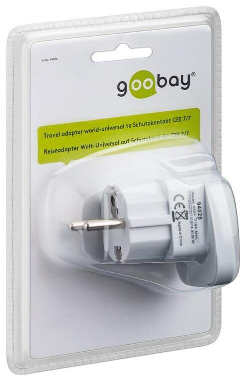 goobay  Adaptateur de voyage « World to EU » blanc - Type F vers UK/CH/IT/US/JP - 16 A - 65 x 51 x 51 mm