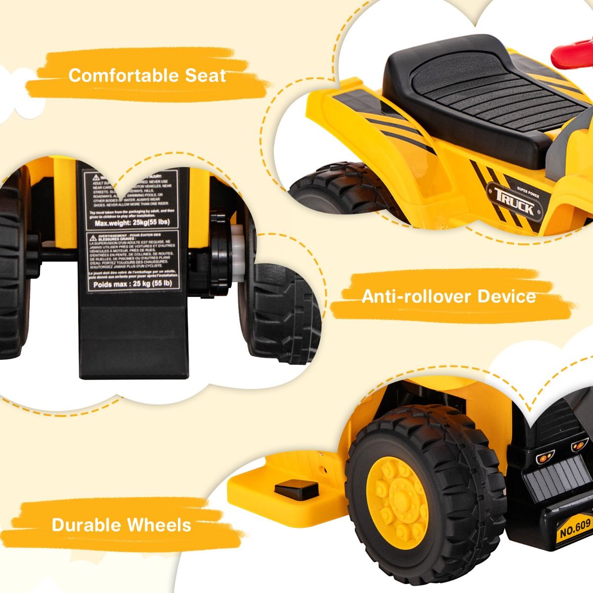 Coast Toy Excavator Électrique - Max. 25 kg - 84 x 35 x 43 cm - Jaune