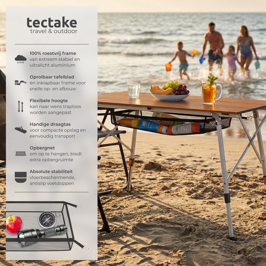 Table de camping tectake® - 120 x 70,5 x 58 - 79 cm - Table pliante en aluminium - Plateau XXL enroulable - Table pliante - Table de voyage - Table de jardin - Résistante aux intempéries - Réglable en hauteur - Sac de transport - Pliable - Aspect bois