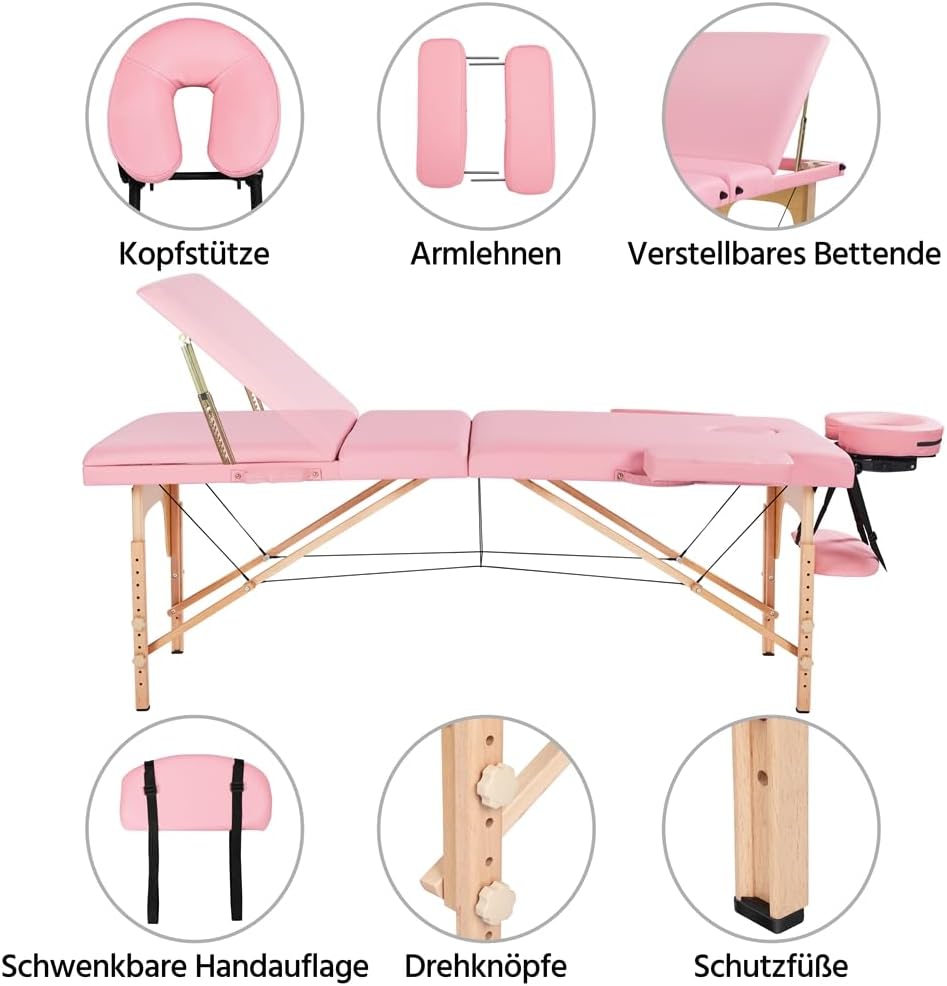 Table de massage Yaheetech à 3 zones - Pliable - 213 × 80 cm - Rose clair