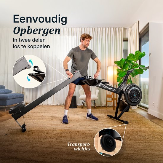 Rameur Flowsense à résistance pneumatique – Rameur professionnel – 10 niveaux de résistance – Pliable – Entraînement complet du corps – Application Bluetooth et écran LCD – Poids max. 200 kg – Rameurs – Pour la maison et la salle de sport