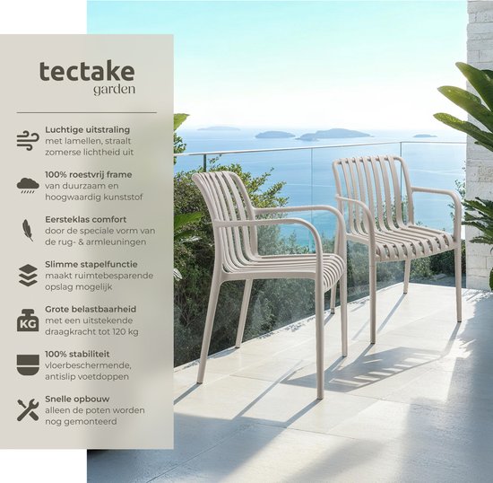 tectake® Lot de 4 chaises de jardin Alcudia - Taupe - Chaises en plastique avec accoudoir - Empilables - Chaises pour jardin, terrasse ou balcon - Résistantes aux intempéries et aux UV - Capacité 120kg par chaise de jardin