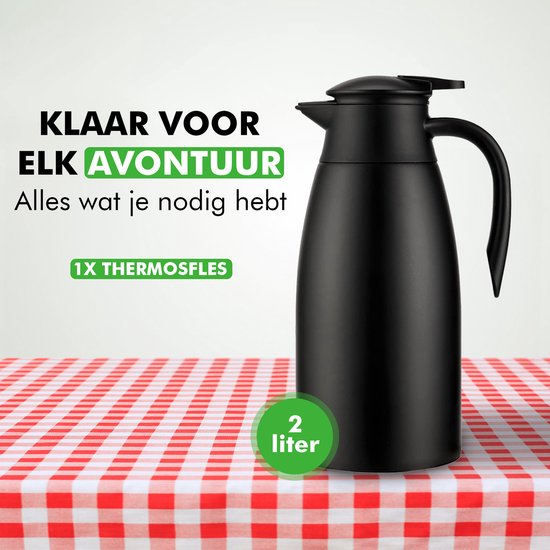 Travelhawk Thermos jug - 2 Liter - Pichet isotherme - Noir - Café - Thé - Pour boissons chaudes et froides