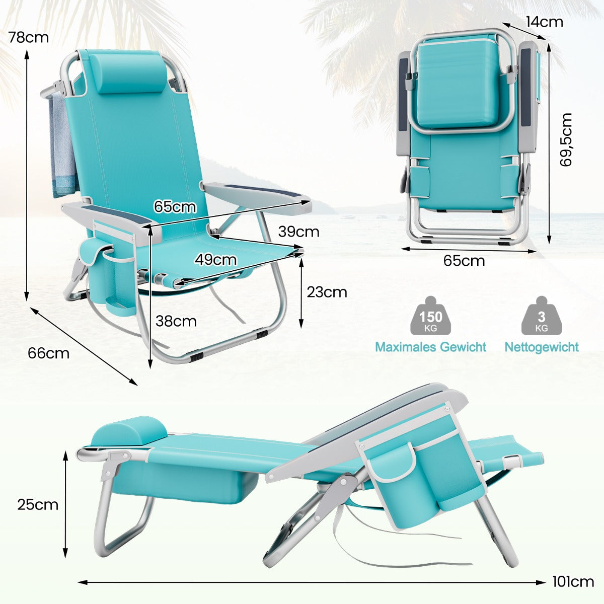Chaise de plage Coast - 2 pièces - Pliable - Max. 150 kg - 66 x 65 x 78 cm - Bleu