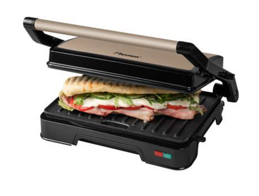 Grill à panini Bestron APM700SAT - 850 W - 23 x 14,5 cm - Revêtement antiadhésif - 28,3 x 23,6 x 7,8 cm - Noir
