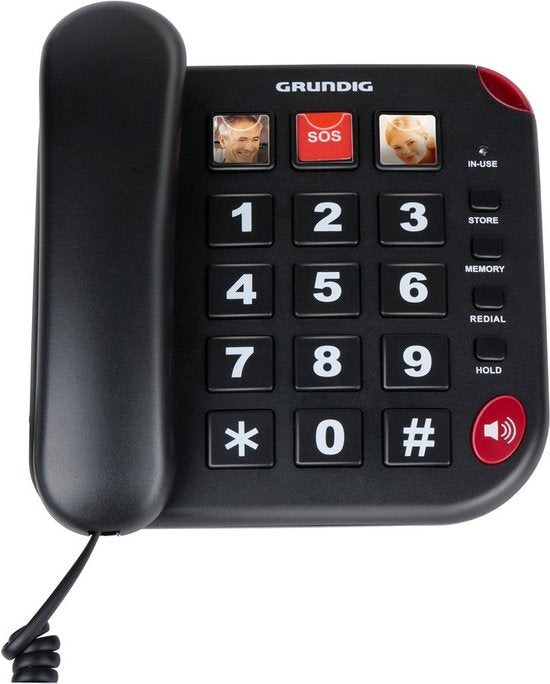Grundig Senior Phone Home Phone - Téléphone senior à grosses touches - Téléphone senior avec touches de raccourci photo - Haut-parleur et bouton SOS - Noir