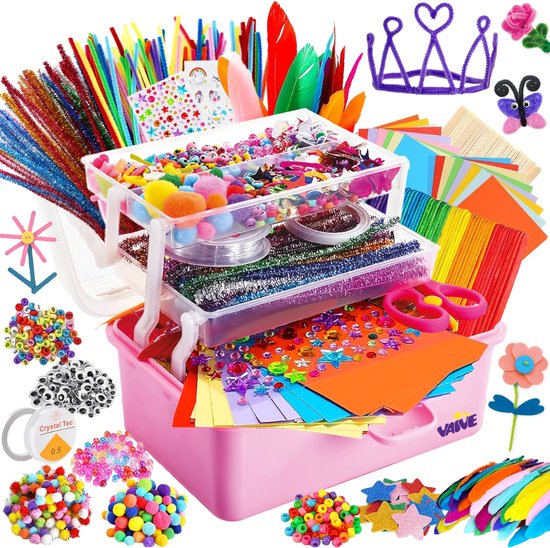 Vaive Craft Case 1432-pièces - Crafting Girls - Beads, Feathers, Pompoms & Wiggle Eyes - Craft Set - Crafting Supplies - Crafting kits