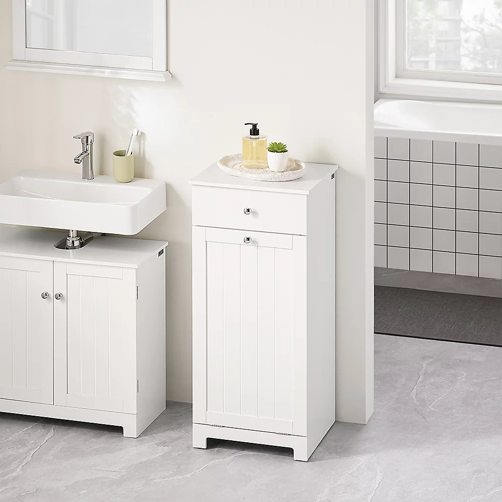 Armoire de salle de bains Sobuy avec panier à linge – Équipée d’un panier à linge amovible, d’une porte et d’un tiroir coulissant – Pour salle de bains et buanderie – MDF laqué blanc – 40 x 38 x 90 cm