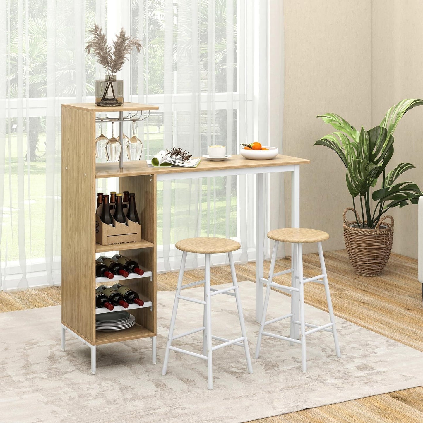 Coast Bar Table Set With Wine Rack and 2 Stools - 3 pieces - White
