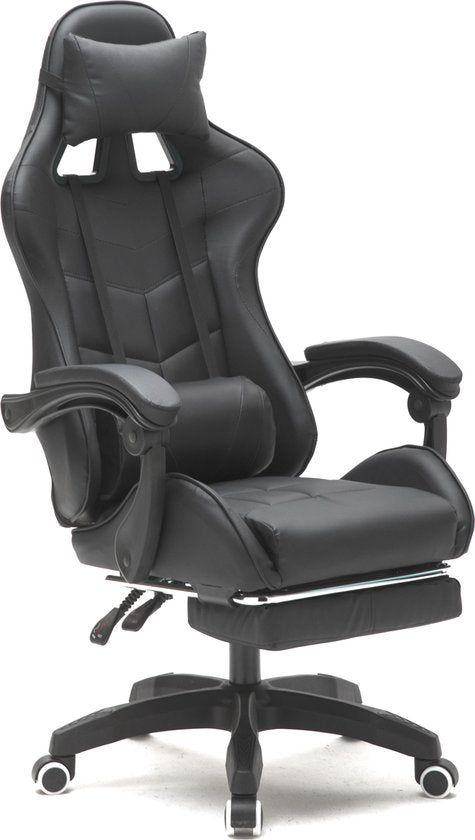 VDD Gaming - Chaise de jeu - Gaming - Chaise de bureau - Avec coussin de nuque et coussin de dossier réglable - Avec repose-pieds - Chaise de jeu en silicone - Chaise pivotante - Noir