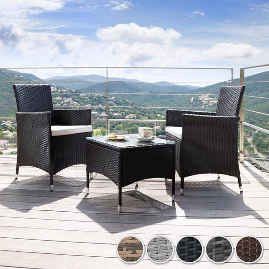 tectake® - set de jardin en osier avec housses amovibles, 2 chaises et table avec plateau en verre, 2x chaises longues d'extérieur avec accoudoirs et table de jardin, set de jardin, meubles de balcon - gris clair - poly-rattan