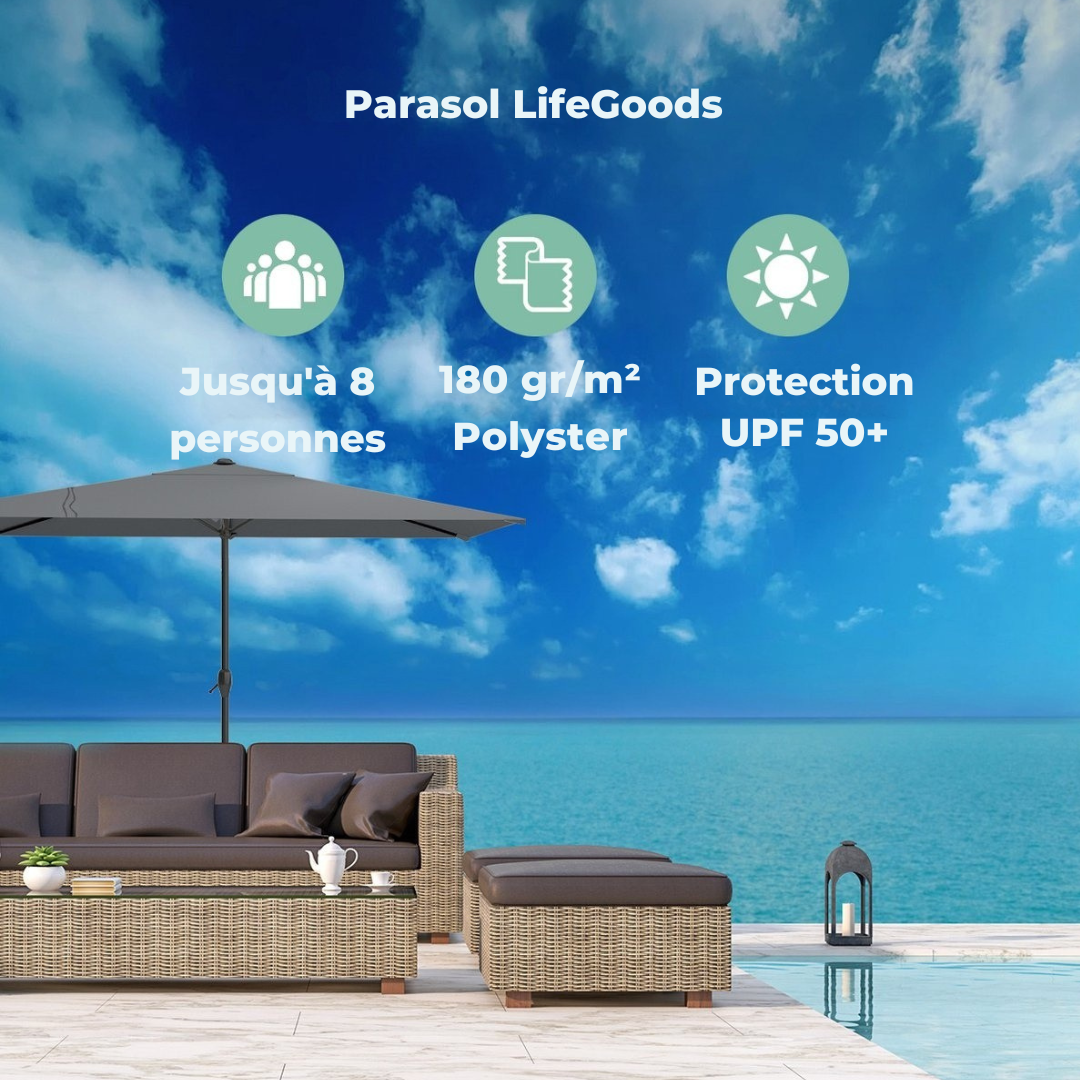 LifeGoods Parasol flottant - jusqu'à 8 personnes - Ø300cm - imperméable - avec housse et base en croix - jardin ou plage - Gris foncé