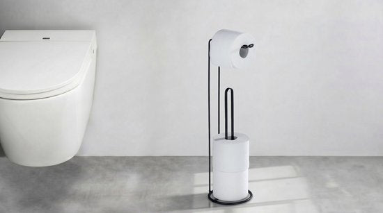 Porte-rouleau de papier toilette WENKO 2-en-1 Lugano, acier noir mat - Porte-rouleau de réserve - Porte-rouleau de papier toilette sur pied - Porte-rouleau de papier toilette sur pied - Noir