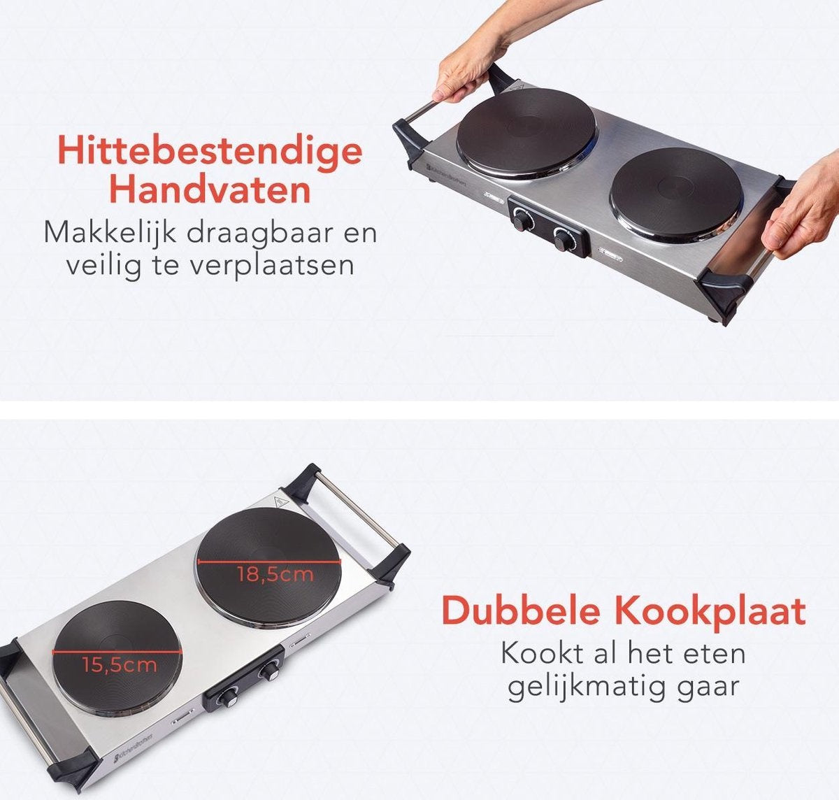 KitchenBrothers Table de cuisson électrique - 2 brûleurs - 2500W - inox