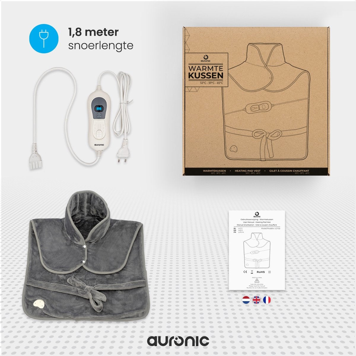 Coussin chauffant électrique - Auronic - Couverture chauffante pour nuque et Epaules - Lavable - Gris