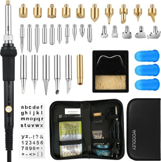 Set de progravure Woodley - Set de brûleurs à bois - 43 pièces - Pyrogravure - Fer à souder - Brûleur à bois - Set de soudure