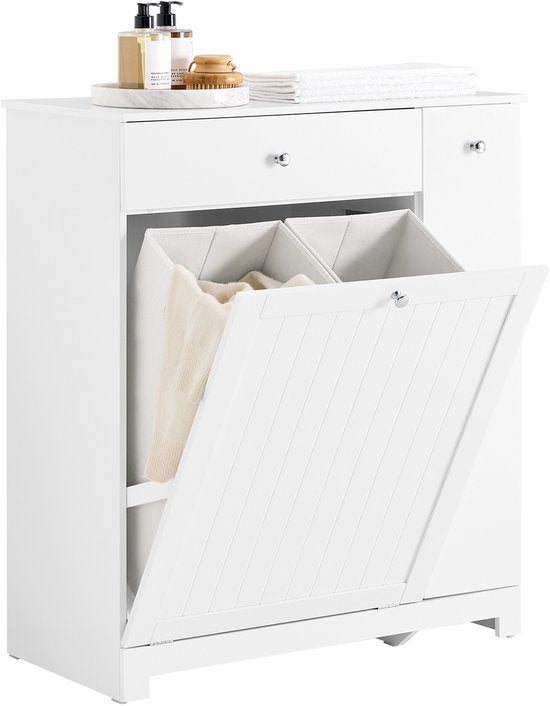 SoBuy Meuble de salle de bain avec panier à linge, tiroir et plateau coulissant - 78 x 38 x 90,3 cm - Imperméable et fonctionnel - Design champêtre - Blanc