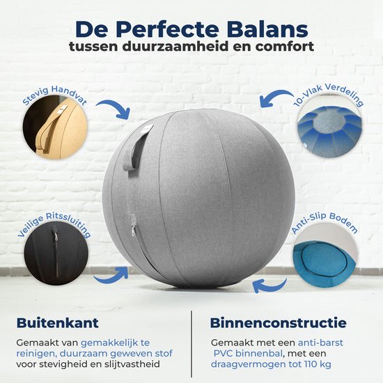 Backerz Sitting Ball 75 CM - Ballon d'assise avec housse en lin - Chaise ergonomique pour le bureau et la maison - Ballon de yoga de luxe - Gris clair
