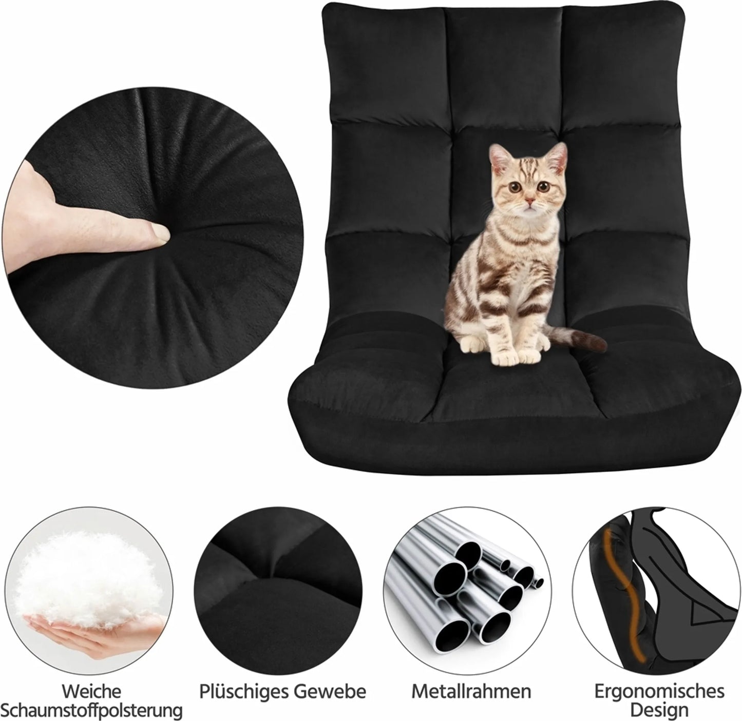 Yaheetech Floor Chair Includes 14 Adjustable Stands - Features High Density Foam And Sturdy Metal Frame And Soft Plush Fabric - For Living Room And Playroom - Black Polyester - 111.5 x 53 x 14 cm