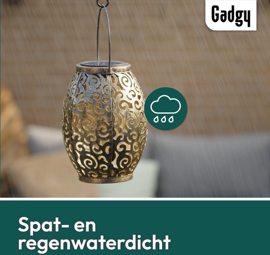 Gadgy Solar Oosterse Lantaarn - Tafellamp set van 2 – Solar Tuinverlichting op Zonneenergie – Led Buitenverlichting met Dag/Nacht Sensor - Hanglamp - Tuinlantaarn - 21.5 x Ø15CM - Brons - Metaal