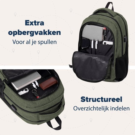 TRVLMORE Sac à dos - 28L - 15.6 inch - Sac à dos pour ordinateur portable - Sac d'école - Unisexe - Vert résistant aux éclaboussures