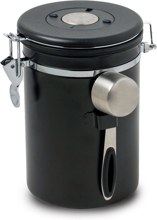Boîte à café Castagnola 1,8L - Noir mat - hermétique avec sortie CO2 - 600 grammes - 12,5 x 12,5 x 19 cm