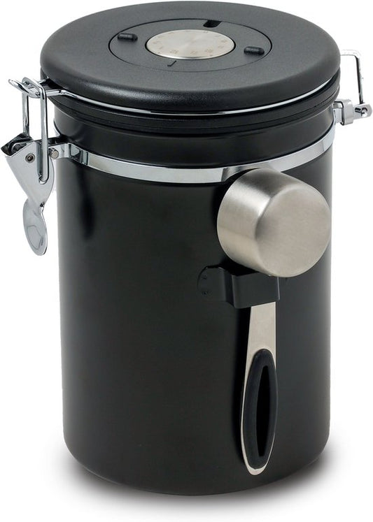 Boîte à café Castagnola 1,8L - Noir mat - hermétique avec sortie CO2 - 600 grammes - 12,5 x 12,5 x 19 cm