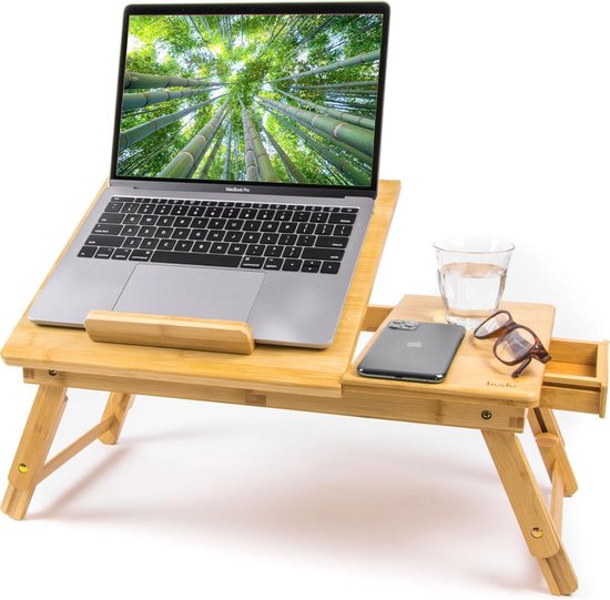Budu Table pour ordinateur portable - Table de lit - Table de canapé - Table pour ordinateur portable réglable - Table pour ordinateur portable en bois de bambou - Support pour ordinateur portable - Table pour petit déjeuner - Petit déjeuner au lit