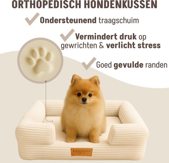 By Cee Cee Panier orthopédique pour chien - Coussin orthopédique pour chien - Lit pour chien - Tissu côtelé - Pour petits chiens - Beige - 80x55