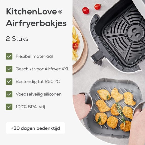 KitchenLove Plateaux pour friteuse en silicone XXL - 2 pièces - Carré - Alternative au papier sulfurisé - Accessoires - Sans BPA - 20CM
