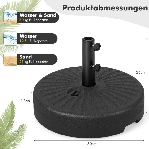Pied de parasol Coast rechargeable 19,5 L – Pied de parasol pour Ø 38/48 mm – Rechargeable avec de l'eau ou du sable – Noir