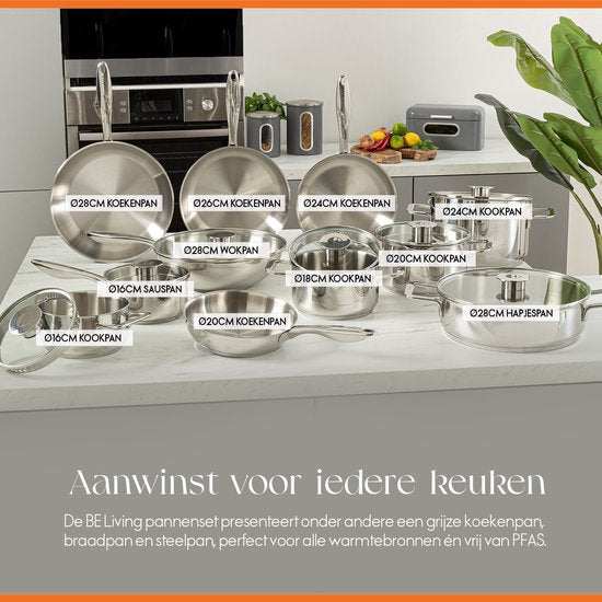Poêle wok ELLE Gourmet Classique en acier inoxydable avec couvercle - Ø 28 cm - Sans PFAS - Induction