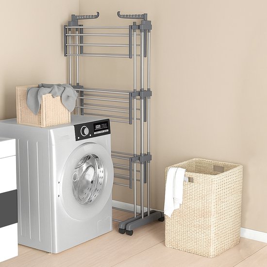 Vonia Tour de séchage - Étagère de séchage - Étagère de linge - Tour de séchage double - 3 couches - Pliable - 150 x 50 x 171 cm - Gris