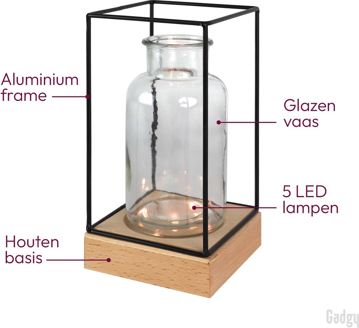 Gadgy Vase avec éclairage LED - Vase lampe - Vase en verre avec lampe - Cadeau de fête des mères - Hydroponique - Fonctionne avec des piles - Lampe de table - Ø11cm