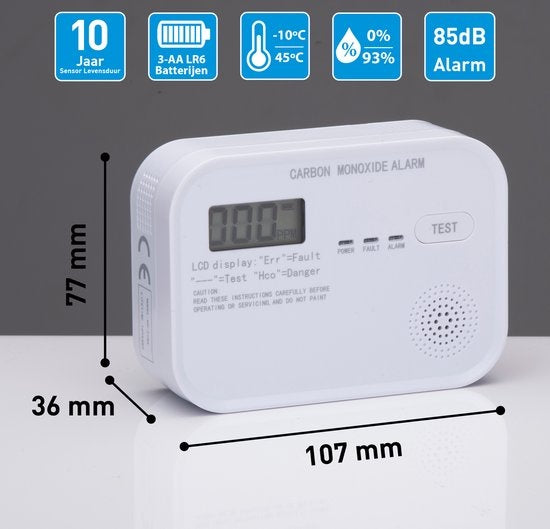 Détecteur de CO Grundig - Détecteur de monoxyde de carbone très sensible - Écran LCD - Capteur 10 ans - Blanc